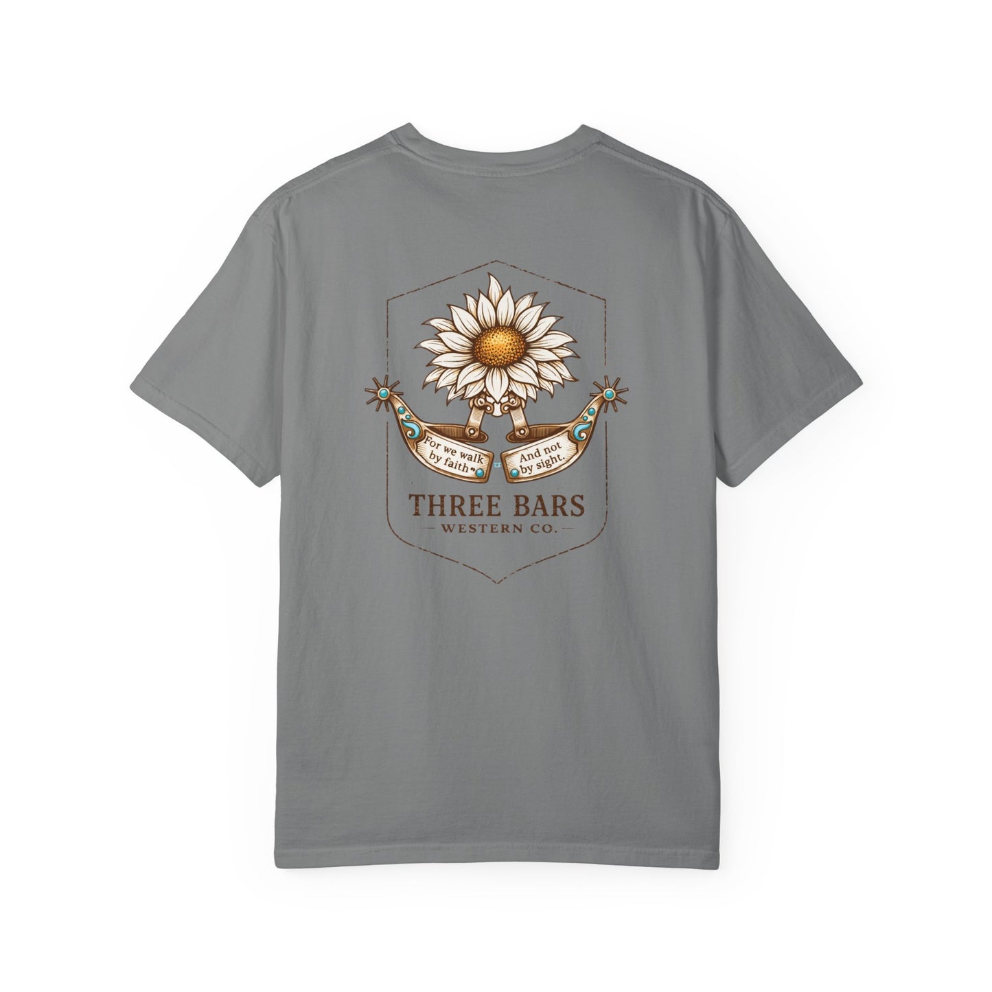 Three Bars Western Sunflower & Spur "Walk By Faith" Tee