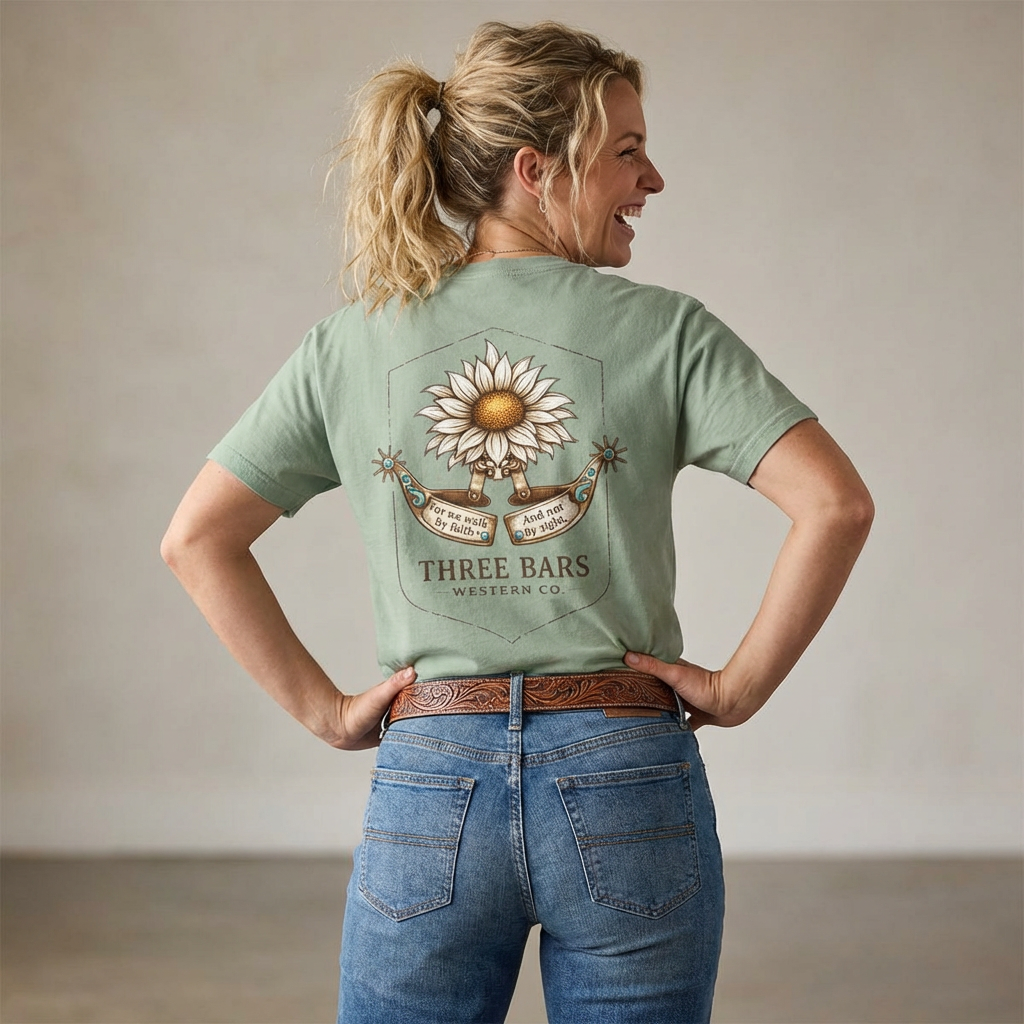 Three Bars Western Sunflower & Spur "Walk By Faith" Tee