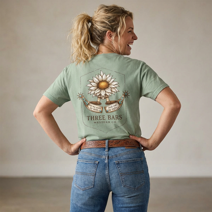 Three Bars Western Sunflower & Spur "Walk By Faith" Tee