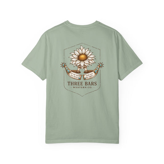Three Bars Western Sunflower & Spur "Walk By Faith" Tee